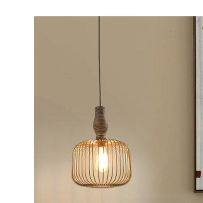 JS-GL-20305-GD - MATT GOLD & BROWN & WHITE METAL & WOOD Wooden Hanging Light