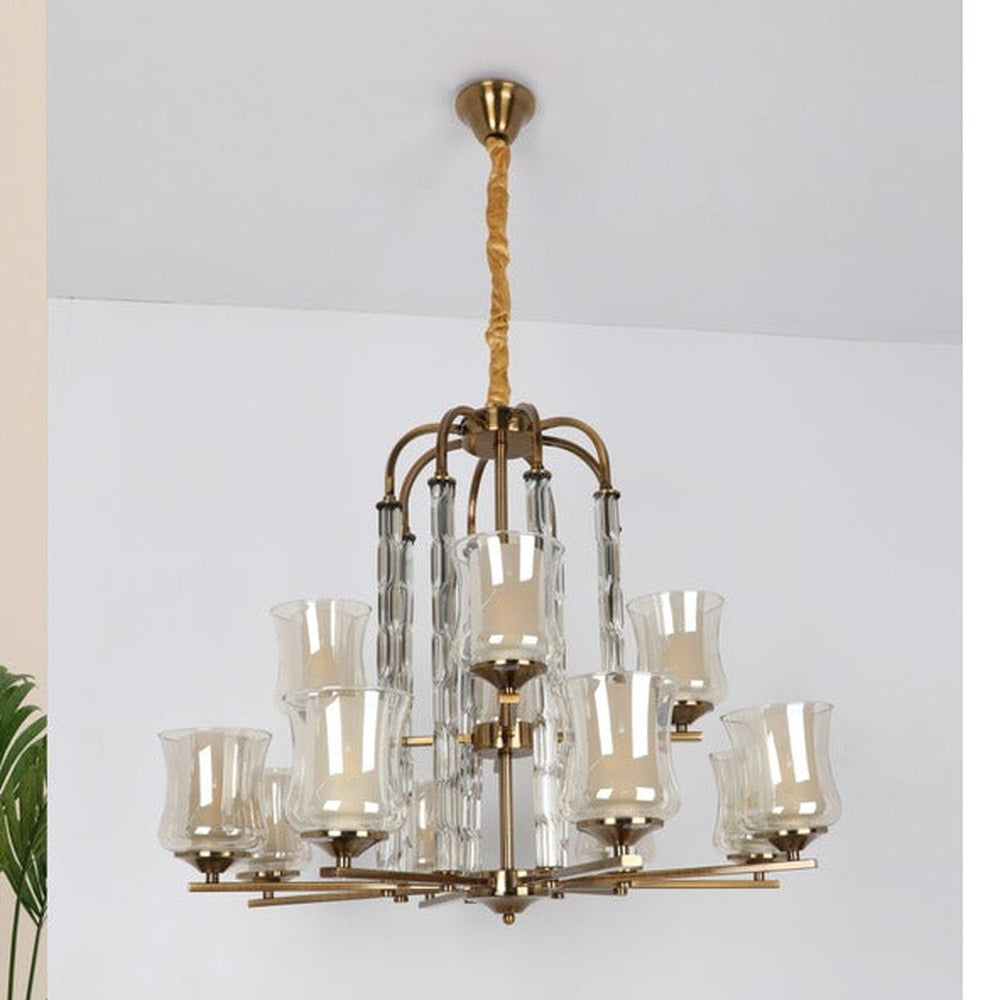 JS-GL-23044- 8+4 - Antique Brass Metal & Glass Modern Chandelier