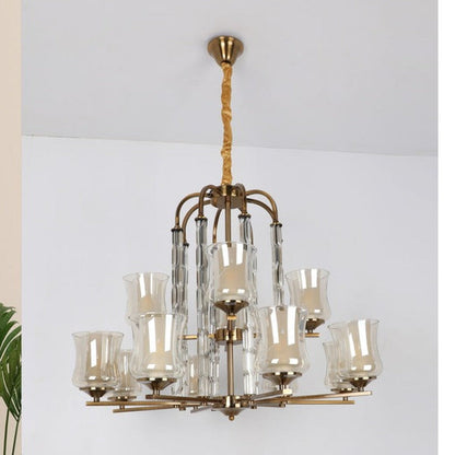 JS-GL-23044- 8+4 - Antique Brass Metal & Glass Modern Chandelier