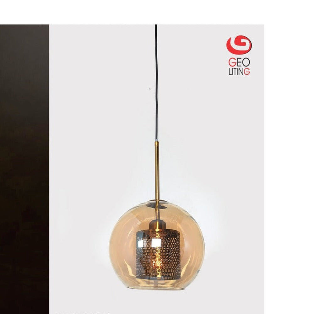 JS-GL-2399-1 - Antique Brass Metal & Amber Glass Hanging Light