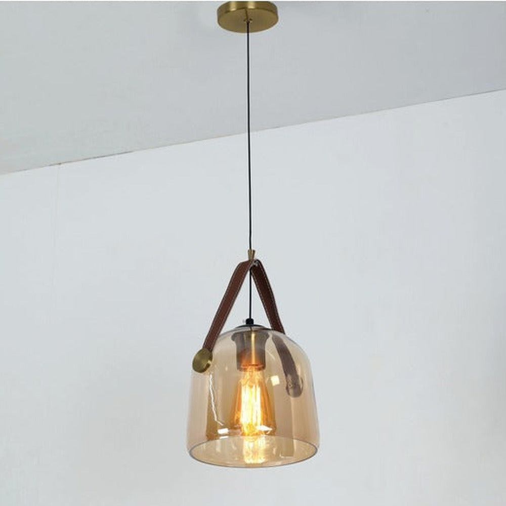JS-GL-2414-AB - Antique Brass Metal & Leather Glass Hanging Light