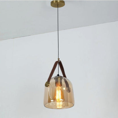 JS-GL-2414-AB - Antique Brass Metal & Leather Glass Hanging Light