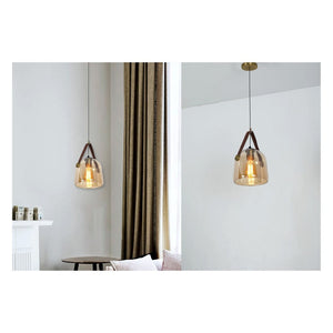 JS-GL-2414-AB - Antique Brass Metal & Leather Glass Hanging Light