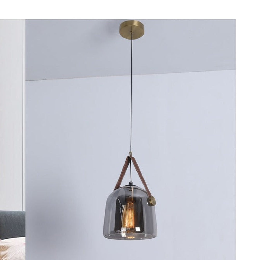 JS-GL-2414-SM - Antique Brass Metal & Leather Modern Hanging Light