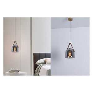 JS-GL-2414-SM - Antique Brass Metal & Leather Modern Hanging Light