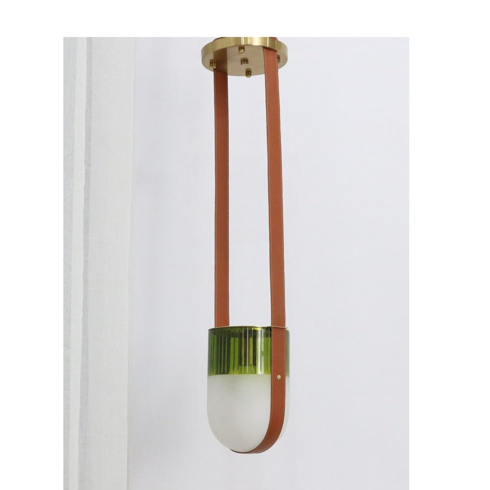 JS-GL-3300-1GR - Antique Brass Metal & Glass & Leather Luxury Hanging Light