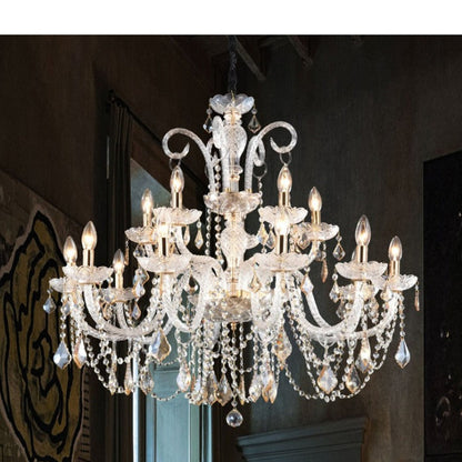 JS-GL-3384L-12+6 - Chrome Metal & Amber Glass & Crystals Candle Arm Chandelier