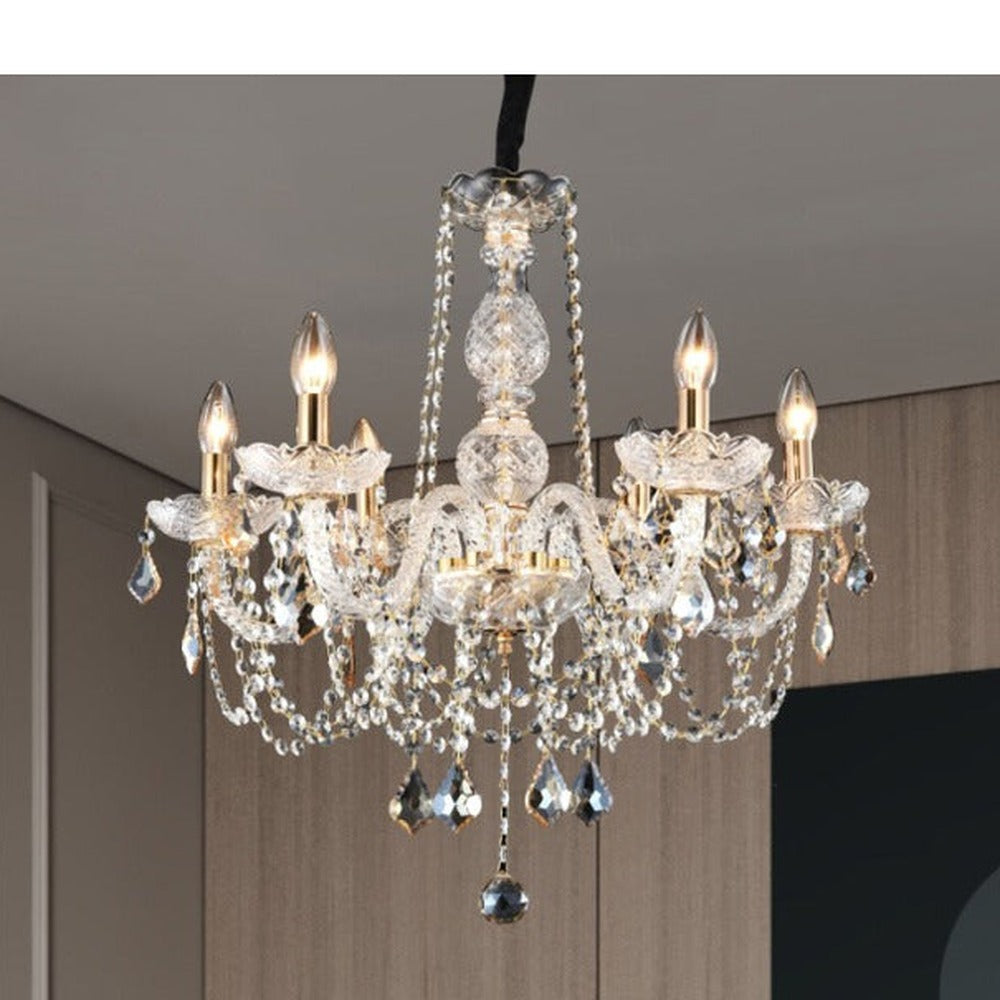 JS-GL-3384L-5 - Chrome Metal & Amber Glass & Crystals Candle Arm Chandelier