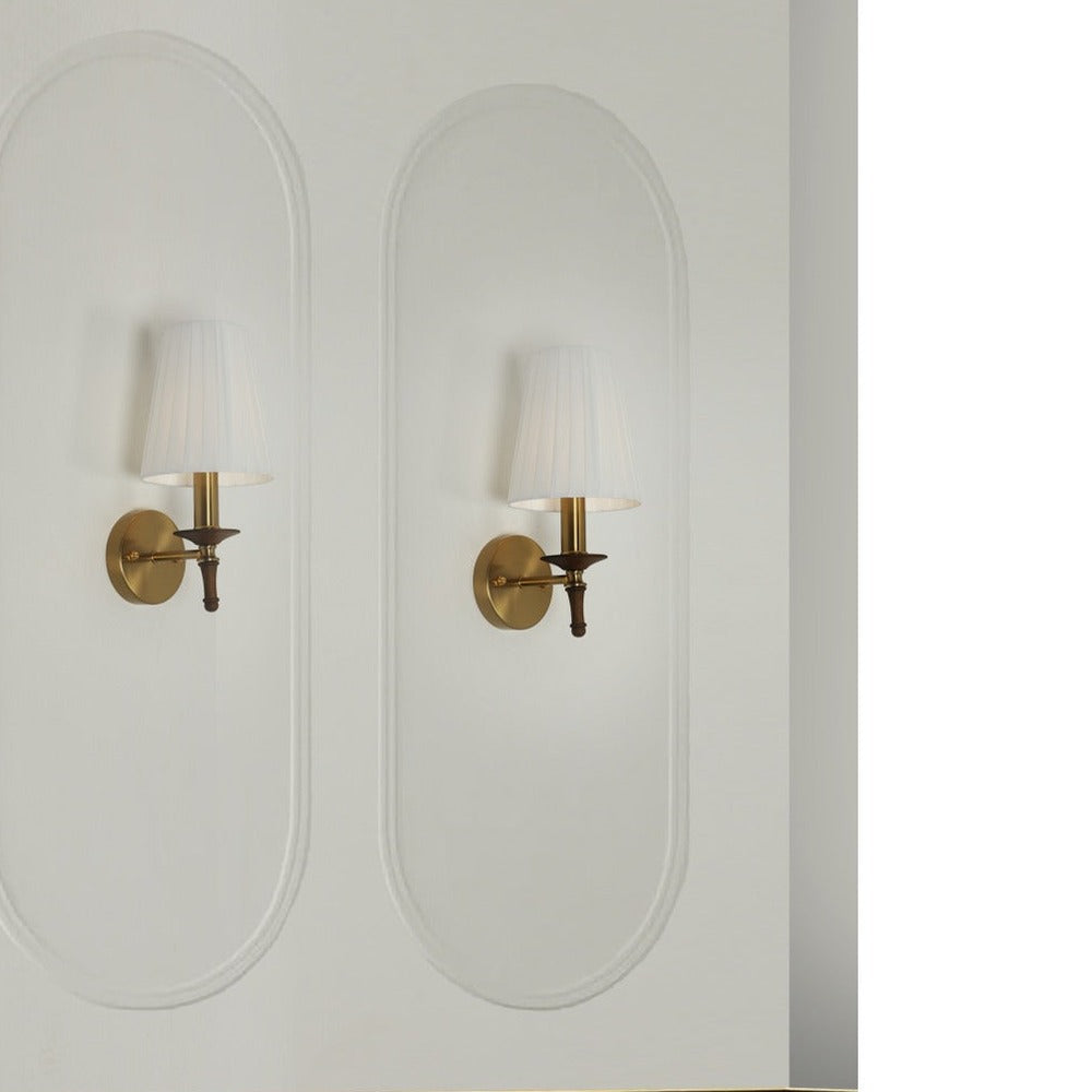 JS-GL-3859-1 - Antique Brass Metal & Fabric Shade & Wood Wooden Wall Light