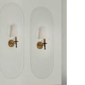 JS-GL-3859-1 - Antique Brass Metal & Fabric Shade & Wood Wooden Wall Light