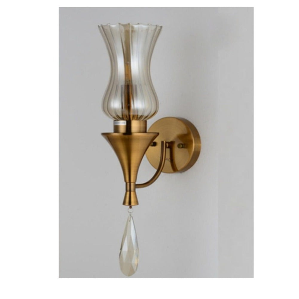 JS-GL-5050-C - ANTIQUE BRASS METAL & AMBER GLASS & CRYSTALS Modern Wall Light