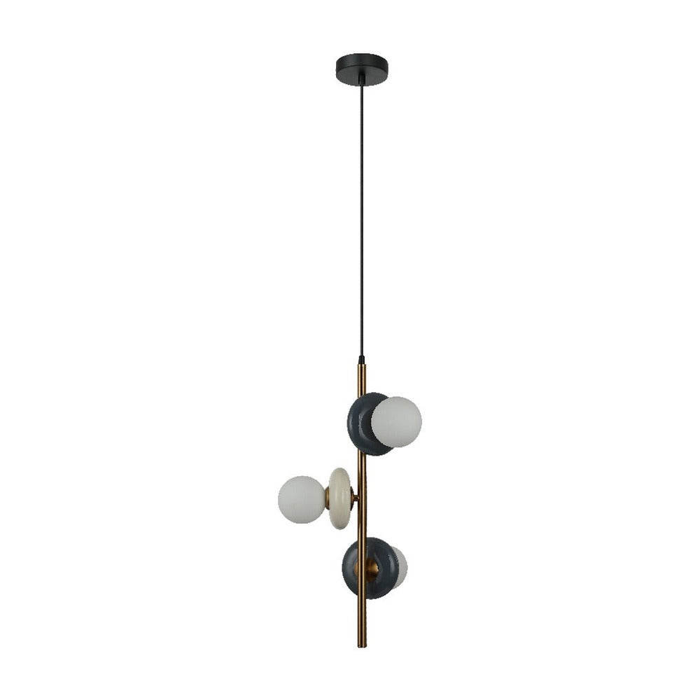 JS-GL-6349-3 GR - Antique Brass Metal & Ceramic Glass Hanging Light
