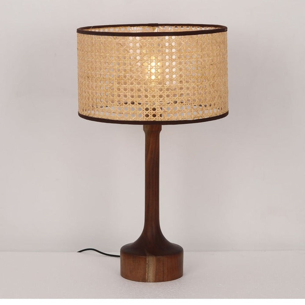 JS-GL-6487-TL - Wood Finish Metal & Rattan Cane Table Lamp