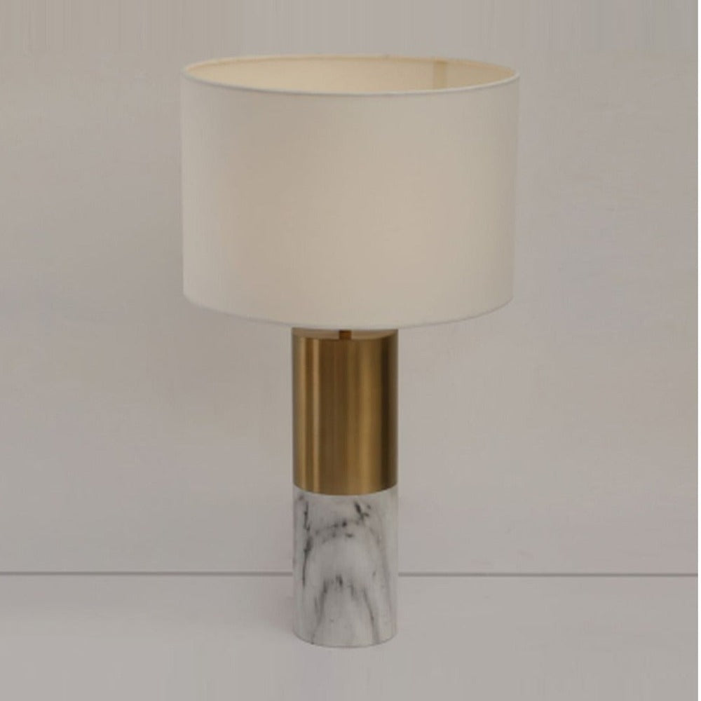 JS-GL-6619-T-WH - ANTIQUE BRASS & WHITE MARBLE METAL & FABRIC SHADE Led Table Lamp