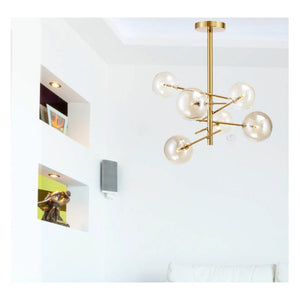JS-GL-6632-6 - ANTIQUE BRASS & AMBER GLASS METAL & GLASS Cluster Hanging Light