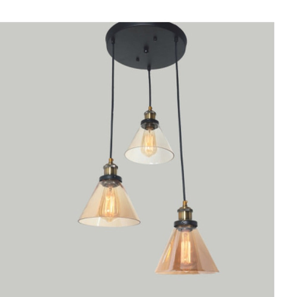 JS-GL-7130-3 - ANTIQUE BRASS & BLACK METAL & GLASS Cluster Hanging Light