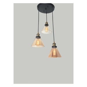 JS-GL-7130-3 - ANTIQUE BRASS & BLACK METAL & GLASS Cluster Hanging Light