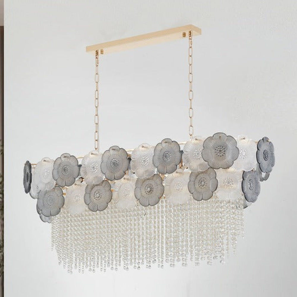 JS-GL-7589-L1260 - French Gold Glass & Crystals Rectangular Chandelier