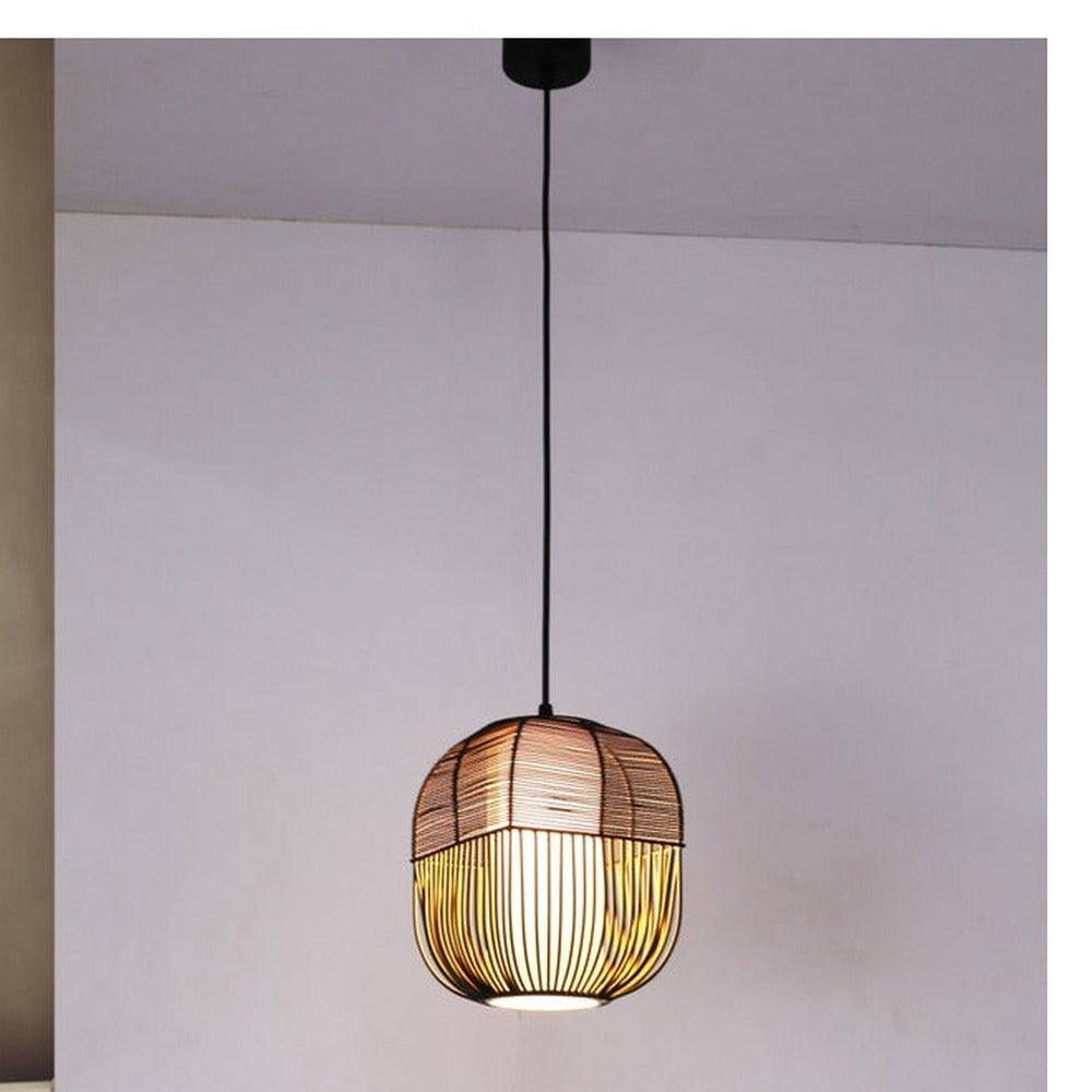 JS-GL-82299-1 - Black & Gold Fabric Shade Metal Hanging Light