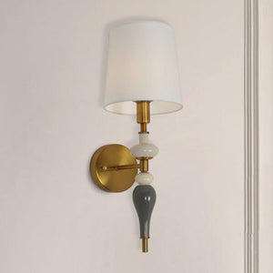 JS-GL-9002-1W - Antique Brass Metal & Ceramic & Fabric Shade Modern Wall Light