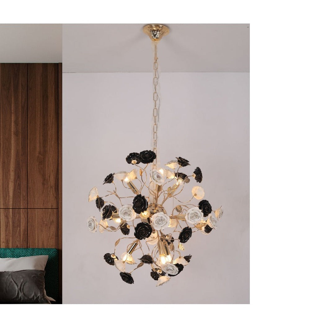 JS-GL-9033-12L WH + BK - French Gold Metal & Ceramic Led Hanging Light