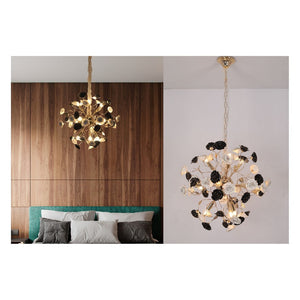 JS-GL-9033-12L WH + BK - French Gold Metal & Ceramic Led Hanging Light