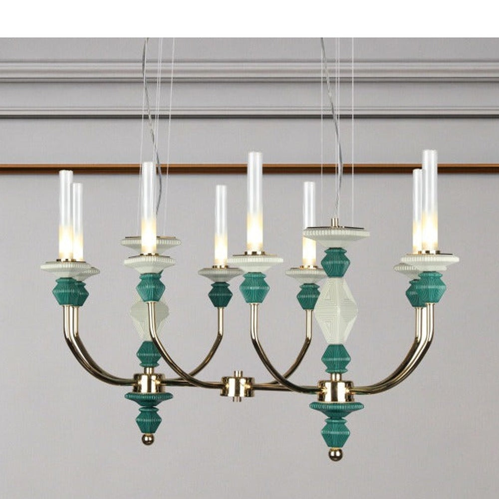 JS-GL-9470-8B - French Gold Metal & Glass & Ceramic Candle Arm Chandelier
