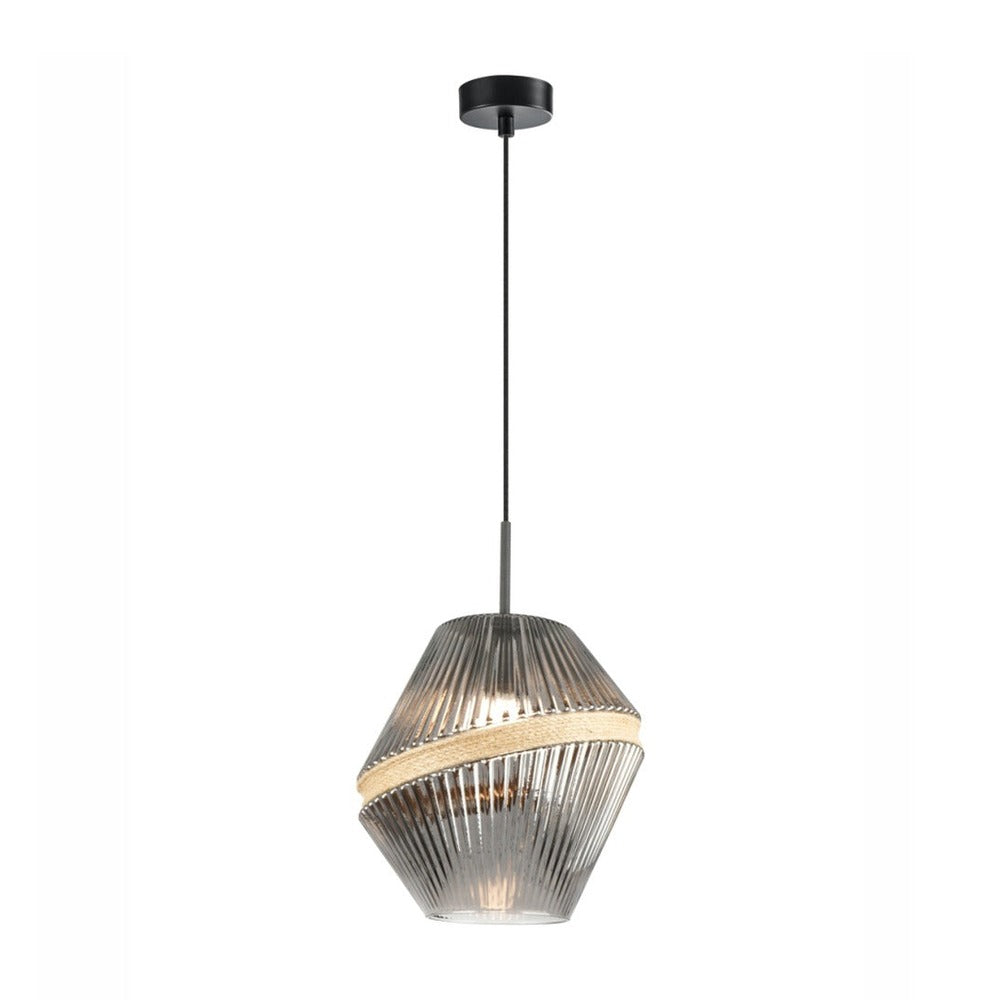 JS-GL-9474-1A - Black Metal & Rope Glass Hanging Light