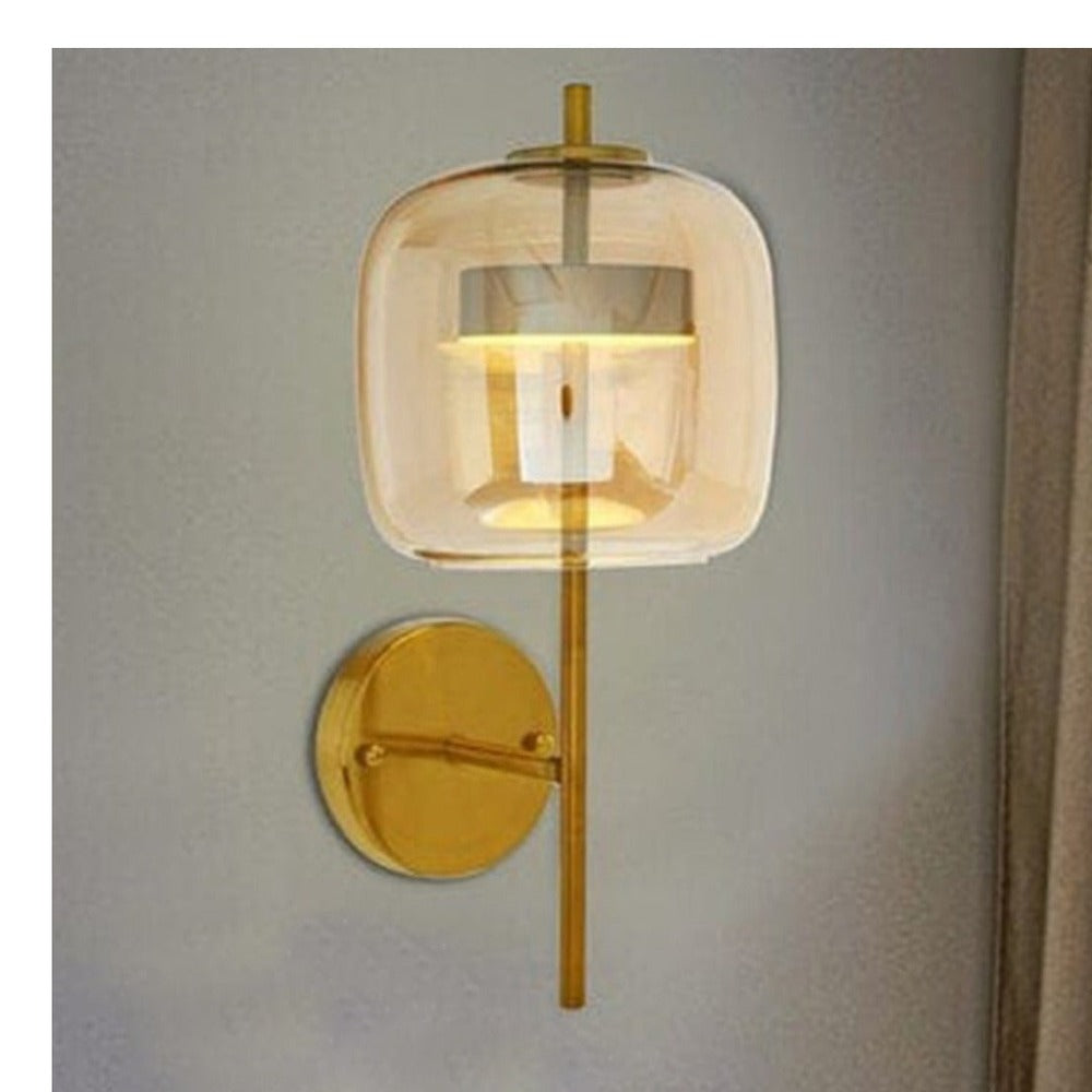 JS-GL-G304-W - ANTIQUE BRASS METAL & AMBER GLASS Modern Wall Light