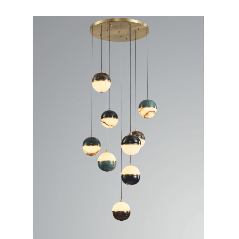 JS-GL-MB150-9H - Antique Brass Metal & Onyx Marble Marbel Chandelier