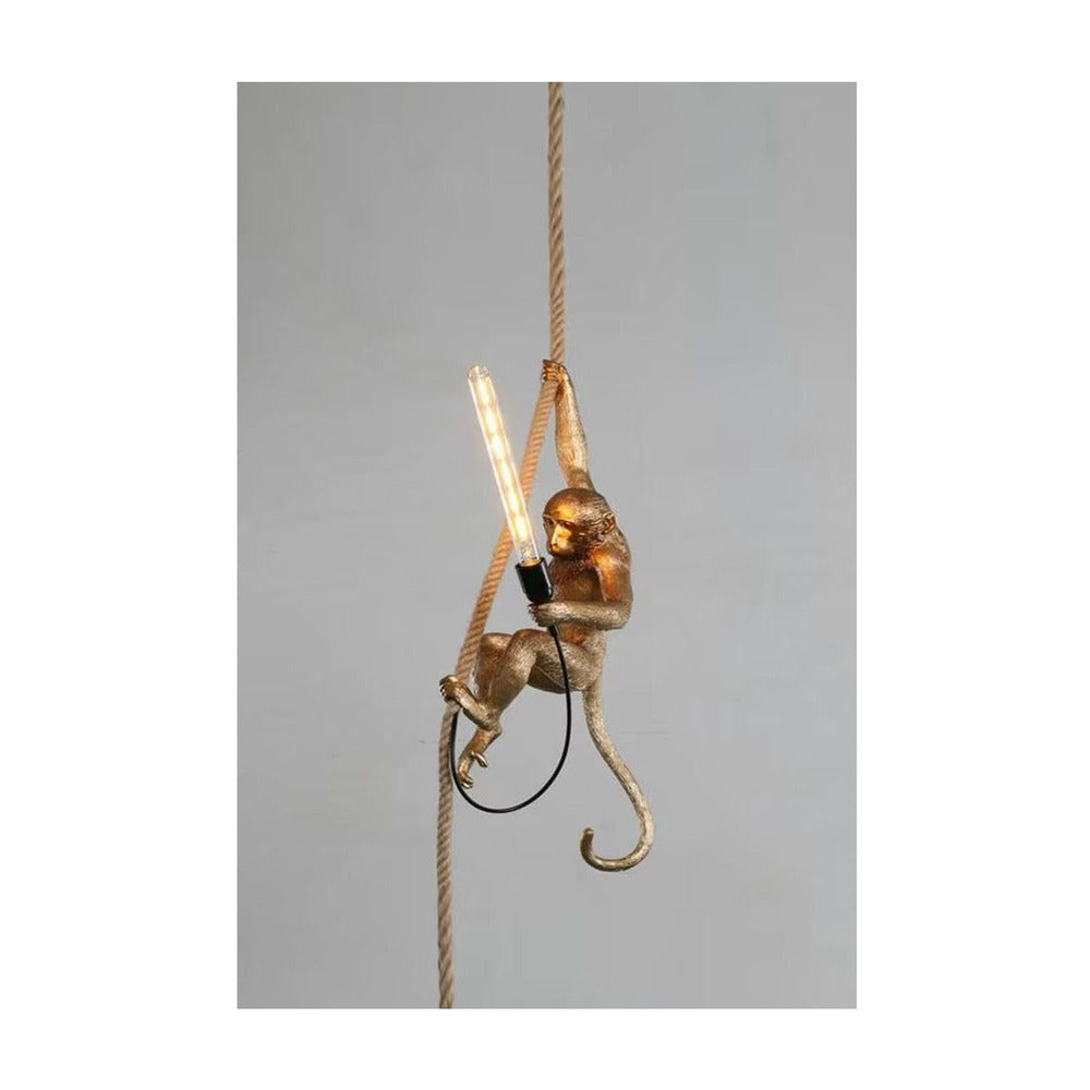 JS-GL-MK01H-GD - Black & Gold Metal & Resin & Rope Monkey Hanging Light