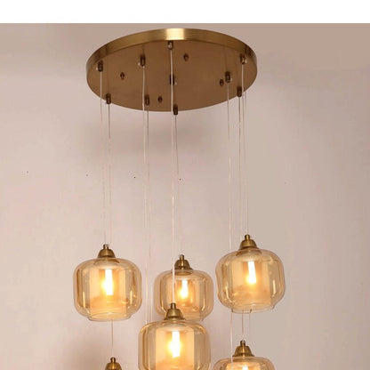 JS-GL-T406-10 - ANTIQUE BRASS METAL & GLASS Cluster Hanging Light