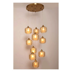 JS-GL-T406-10 - ANTIQUE BRASS METAL & GLASS Cluster Hanging Light