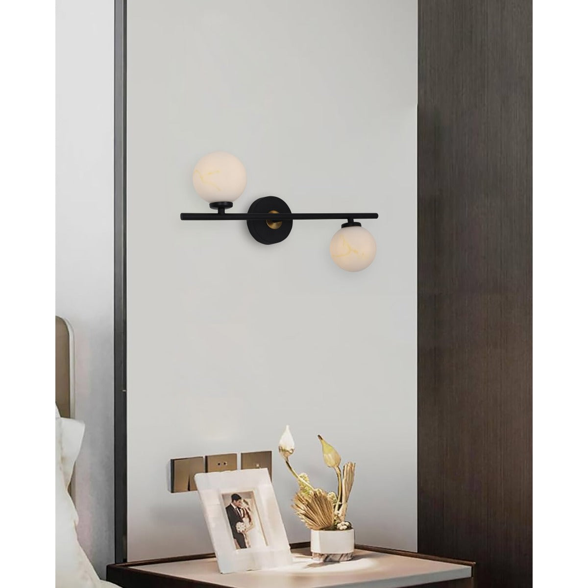 JS-GL-057-2W - Black & Antique Brass Metal & Glass Modern Wall Light