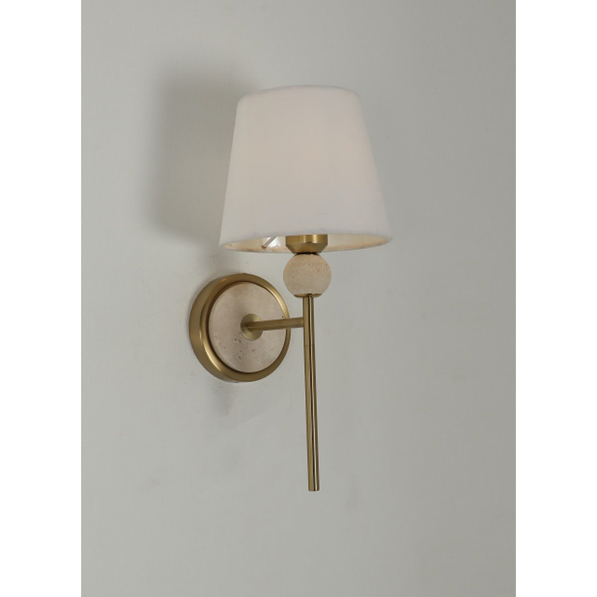 JS-GL-20291-WH - Antique Brass Metal & Fabric Shade & Travertino Modern Wall Light