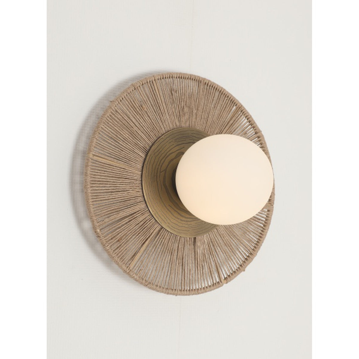 JS-GL-37649-L - Antique Brass Metal & Jute Rope & Glass Wooden Wall Light