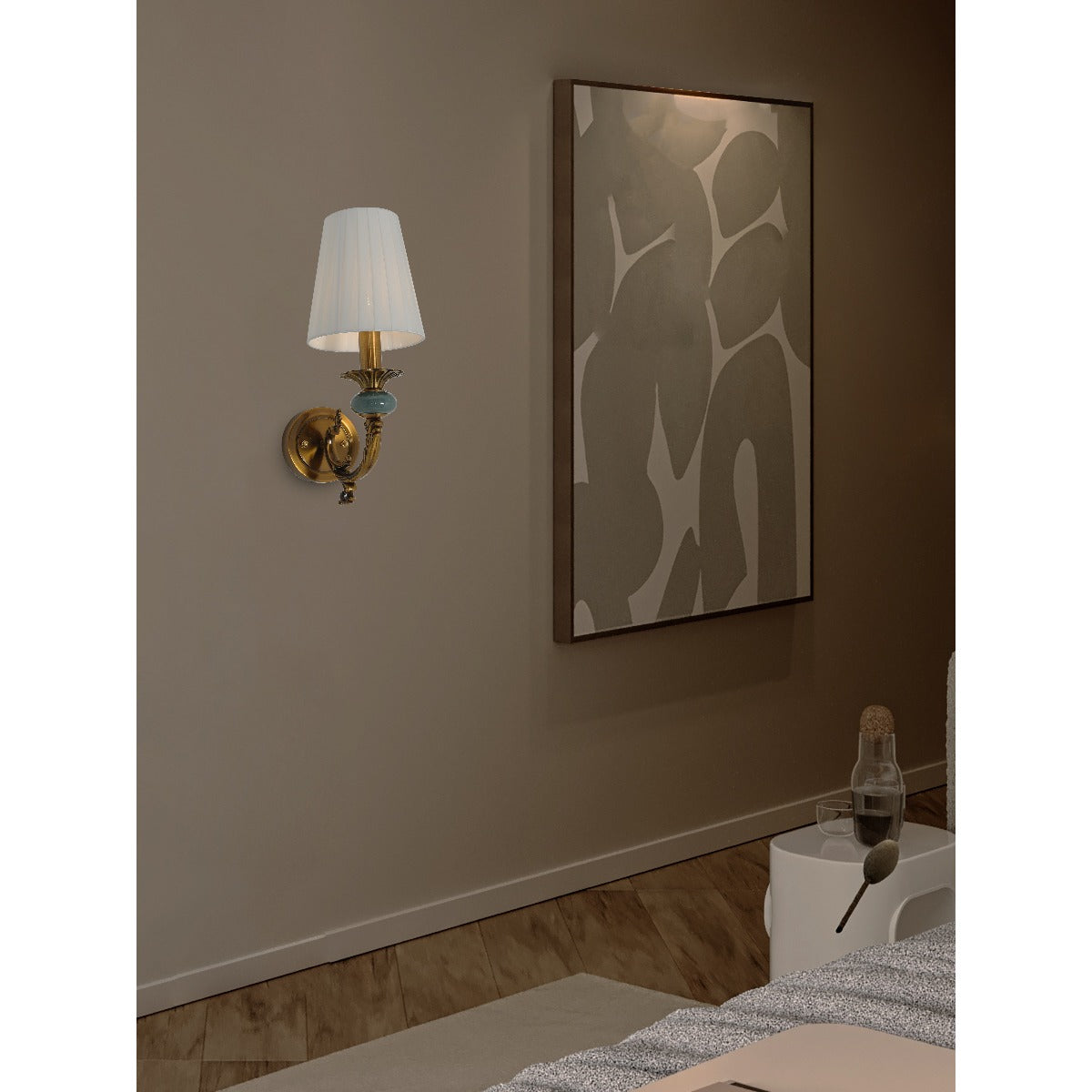 JS-GL-3863-1 - Antique Brass Metal & Fabric Shade Marble Wall Light