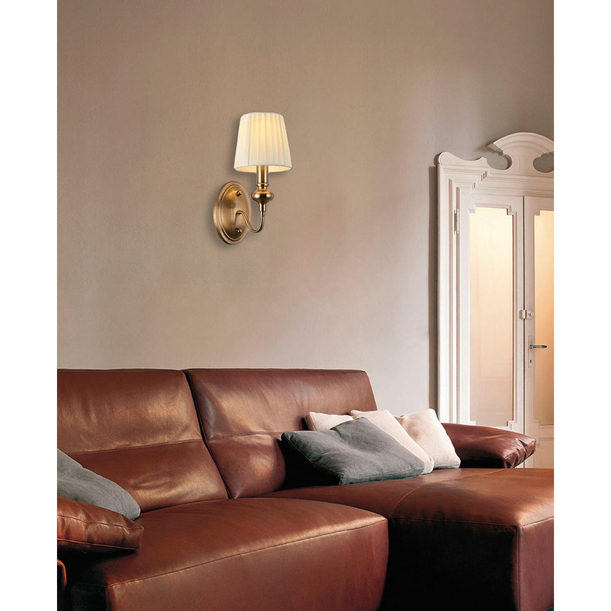 JS-GL-6272/1W - Antique Brass Metal & Fabric Shade Modern Wall Light