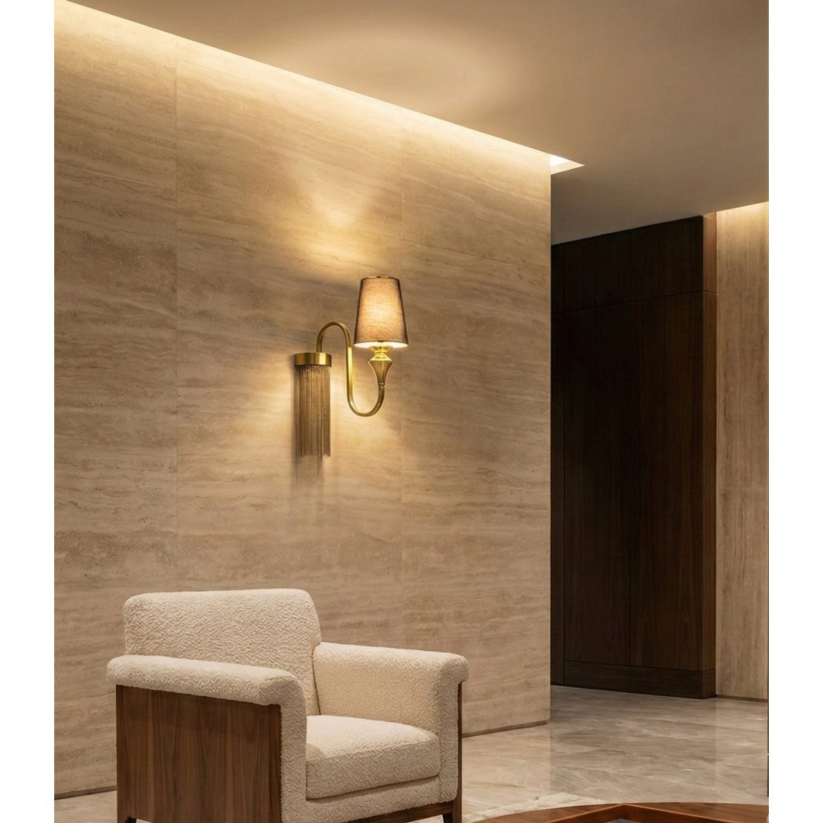 JS-GL-639 -W - Antique Brass Metal & Fabric Shade Modern Wall Light