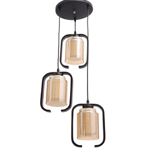 JS-VP M-205-3LP Cluster hanging Lights 3xE27 Mild Steel, Wood & Glass Material Brown & Champaign Finish