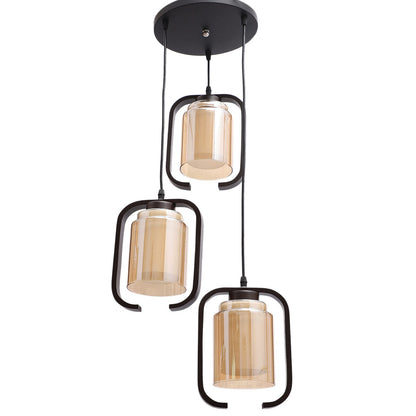 JS-VP M-205-3LP Cluster hanging Lights 3xE27 Mild Steel, Wood & Glass Material Brown & Champaign Finish