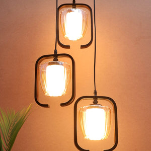 JS-VP M-206-3LP Cluster hanging Lights 3xE27 Mild Steel, Wood & Glass Material Brown & Champaign Finish
