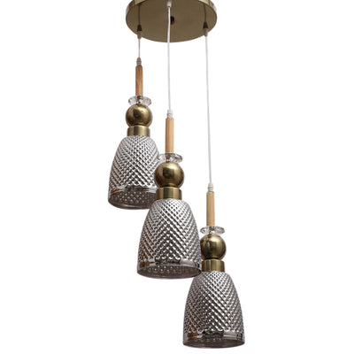 JS-VP M-215-3LP Cluster hanging Lights 3xE27 Mild Steel, Wood & Glass Material Antique, Brown & Smoky Black Finish