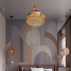JS-LXR Crystal BLDC 42" Chandelier Fan AA0016 Gold Body & 4 Clear ABS Retractable Blades