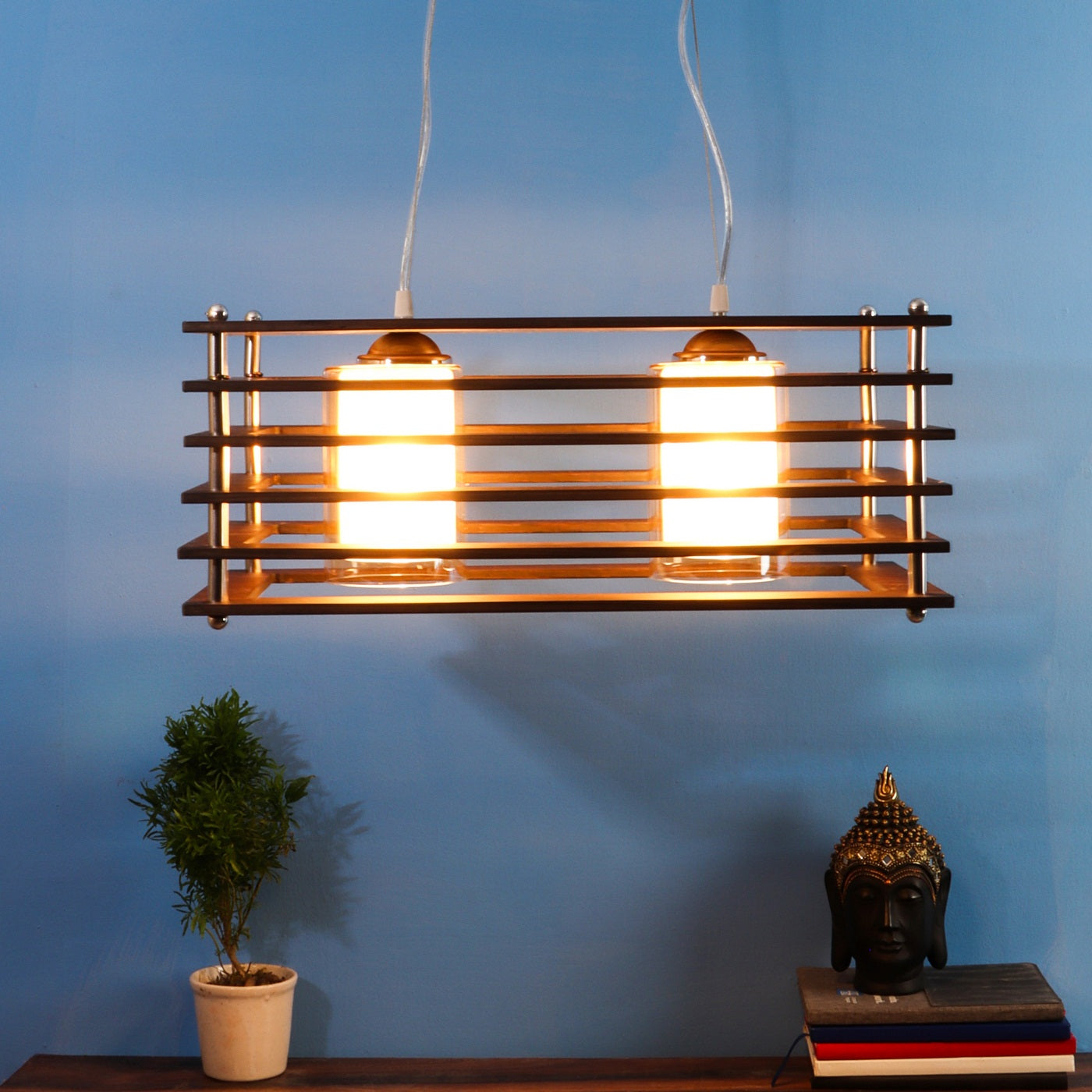 Wooden Wood Hanging Light - M-19-2LP-REC - Included Bulb