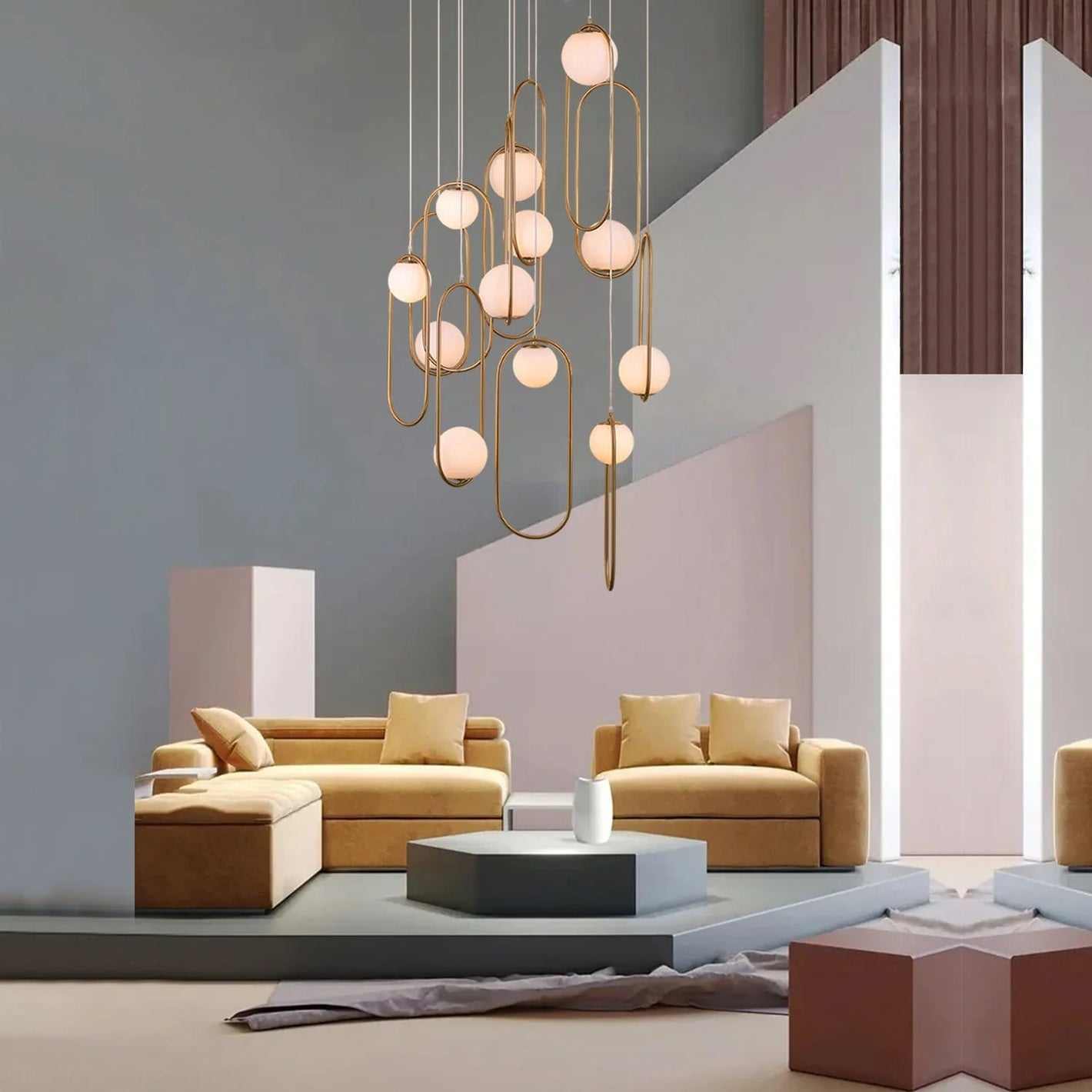 Aurelio Duplex Chandelier – Luxury Frosted Glass Pendant Light for Duplex Staircases