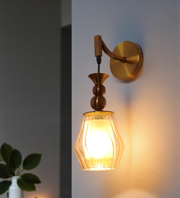 Modern Gold Glass Wall Light for Bedroom & Living Room | Elegant Metal Body Wall Lamp with Amber Glass Shade | 3 Years Warranty | Free Bulb