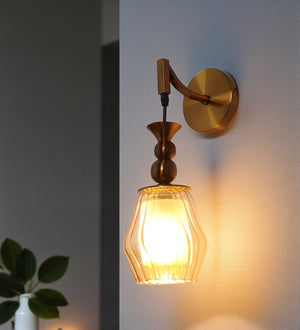 Modern Gold Glass Wall Light for Bedroom & Living Room | Elegant Metal Body Wall Lamp with Amber Glass Shade | 3 Years Warranty | Free Bulb