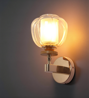 Gold Round Glass Wall Light for Bedroom, Living Room & Hallway | Classic Metal Frame Wall Lamp | 3 Years Warranty | Free Bulb