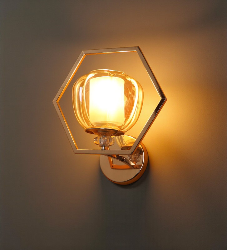 Hexagon Frame Glass Wall Light | Designer Gold Metal Wall Lamp for Bedroom & Dining Room | 3 Years Warranty | Free Bulb